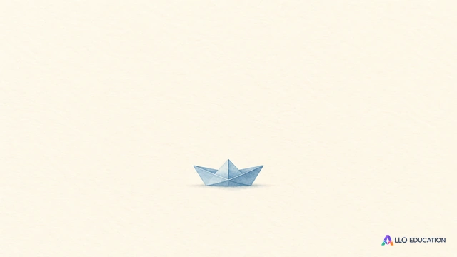 Un minuscule bateau en papier bleu pâle entier évoque le corpus sur un fond ivoire.