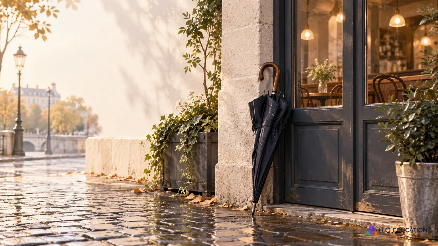 Un parapluie fermé près d’une entrée lumineuse et de pavés humides.